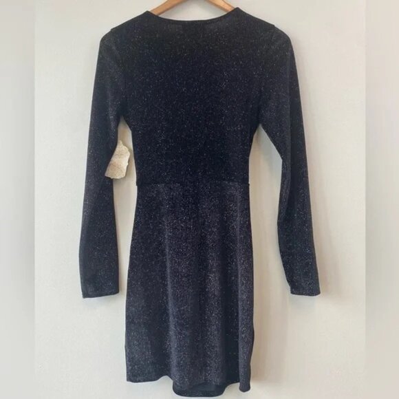 Altar'd State Shimmering Black Stretch Velvet Long Sleeve Mini Dress - Picture 2 of 7